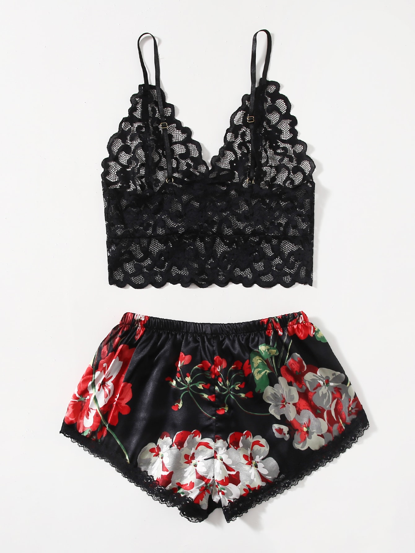 Lace Bralette Set - طقم بيجامة من الدانتيل الزهري للنساء،